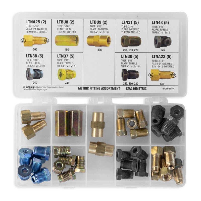 4LIFETIMELINES- 3/16" Metric Fitting Assortment Kit, Tube Nut, Union, Adapter, 9 Popular SKUs, 36 Pieces, 25 Tube Nuts, 4 Unions, 7 Adapters, Shatter Resistant Tackle Box, Brake Line Repair - Image 1